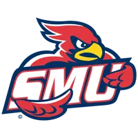 A red cardinal mascot with a yellow beak holds the bold white letters SMU outlined in red and blue. The background is navy blue.