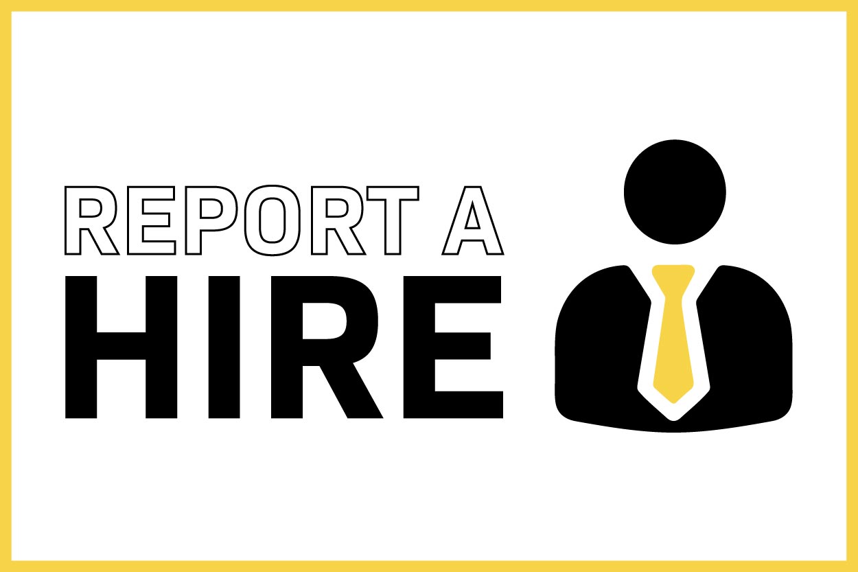 Text reads Report a Hire next to a simple black icon of a person wearing a suit and a yellow tie, all framed by a yellow border.