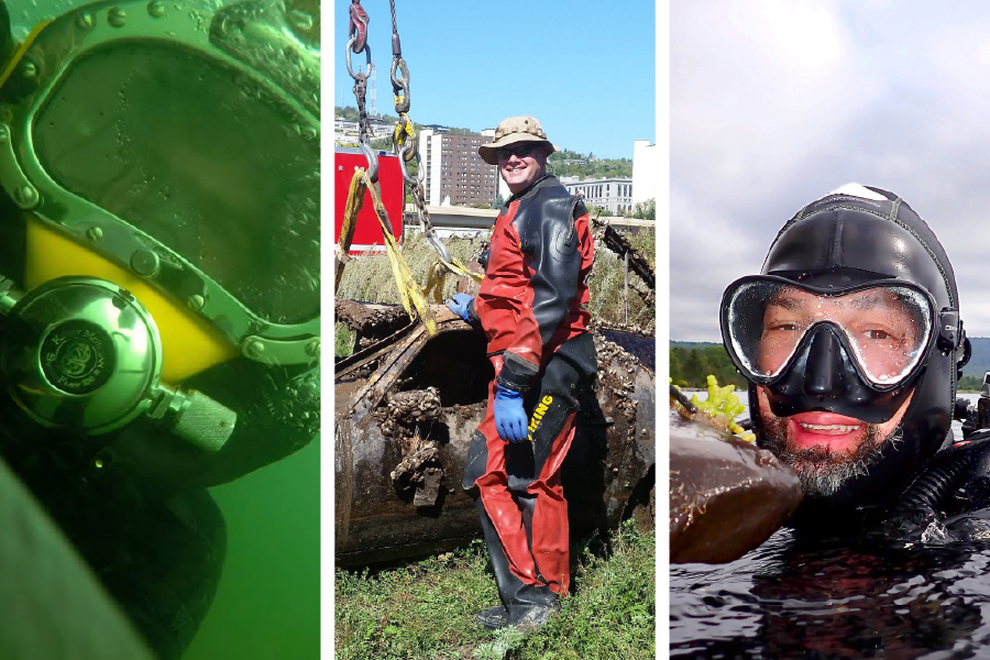 A collage of three images: a diver underwater in scuba gear, a person in a red drysuit and hat standing beside a large rusty object being lifted, and a diver in a black wetsuit emerging from the water.