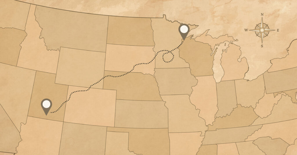 Map pins on the states of Wisconsin and Utah, with a dotted line between them