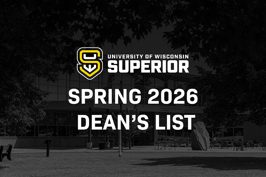Text reads University of Wisconsin Superior Spring 2026 Deans List on a campus background.